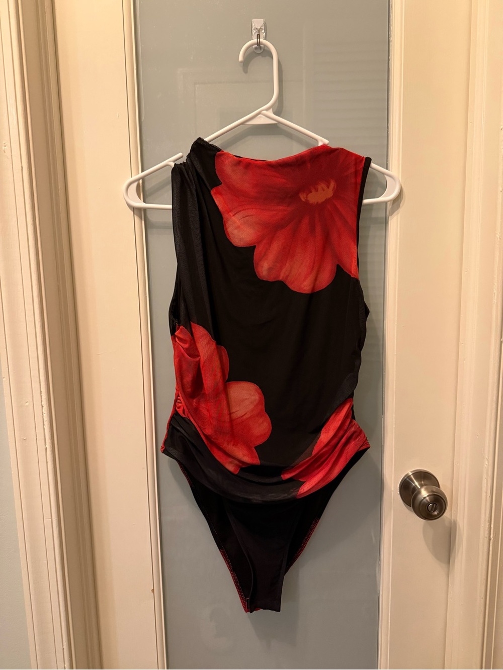 SHEIN Black Bodysuit with Red Floral Print